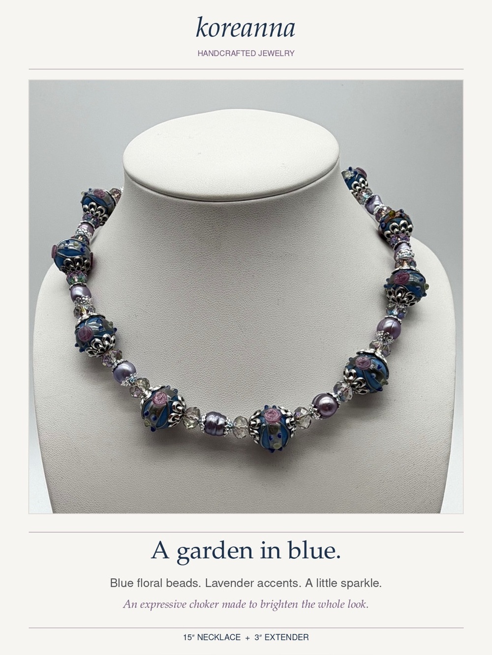 koreanna Blue Floral Wedding Cake Style Choker with Freshwater Pearls 15” + 3”